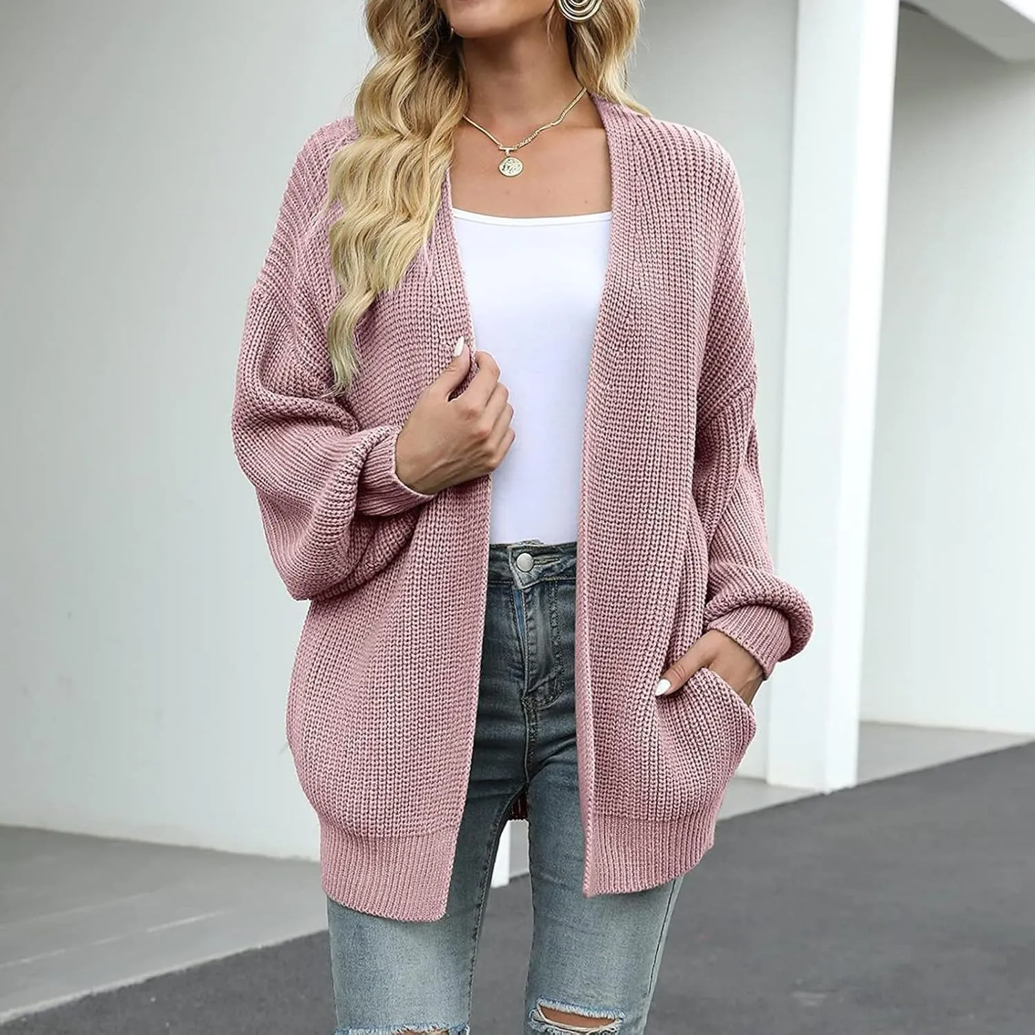 Women's Chunky Cardigan Sweaters 2024 Fall Cable Knit Open Front Sweater Lantern Sleeve Oversized Cardigan Outwear