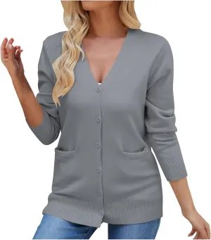 Womens Chunky Knit Solid Color Cardigan Sweaters Trendy V Neck Long Sleeve Lightweight Open Front Button Tops