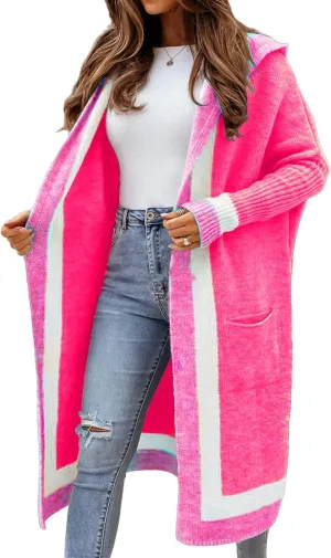 Womens Color Block Hooded Cardigans Oversized Open Front Long Cardigan Sweaters Winter Coat with Pockets 2024