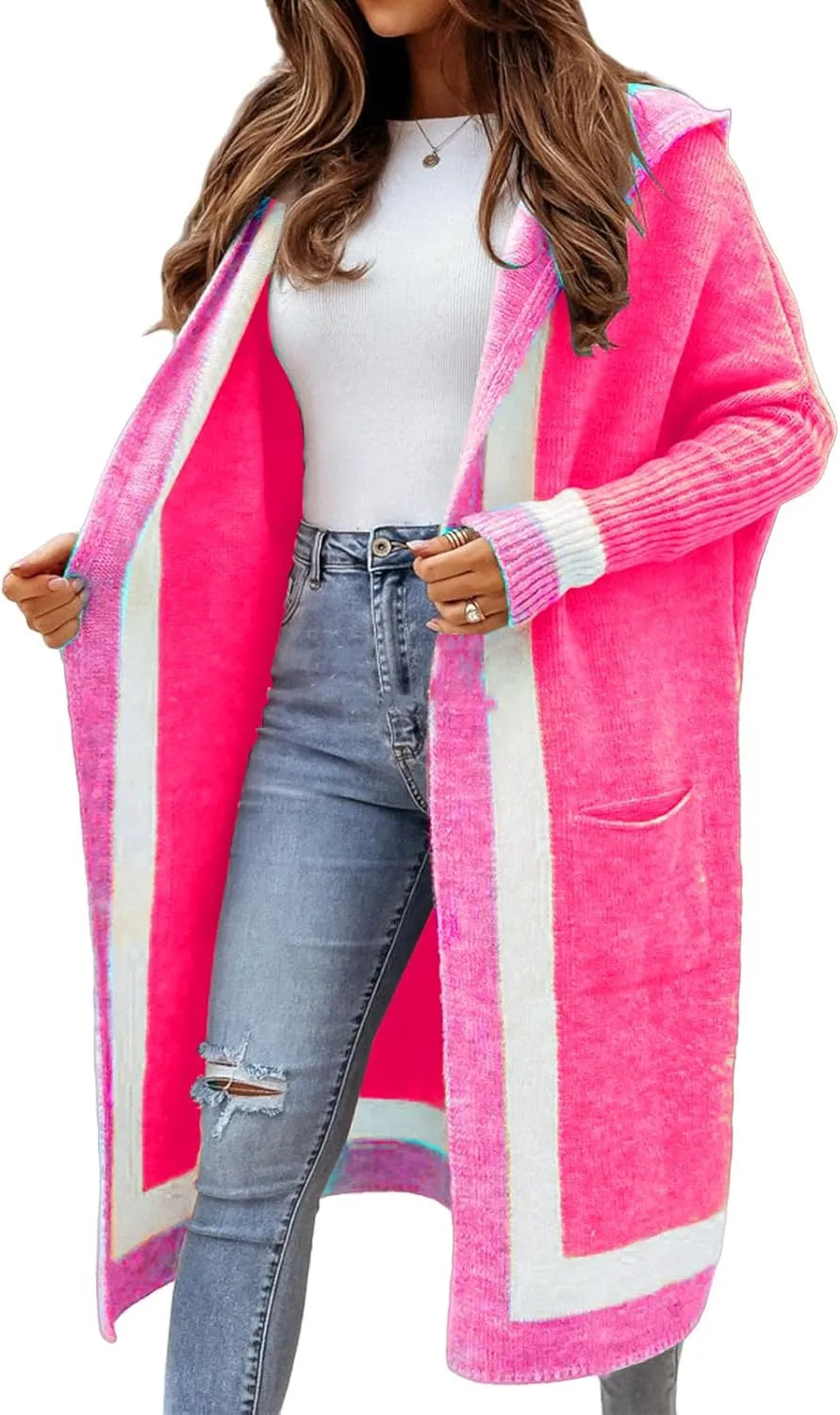 Womens Color Block Hooded Cardigans Oversized Open Front Long Cardigan Sweaters Winter Coat with Pockets 2024