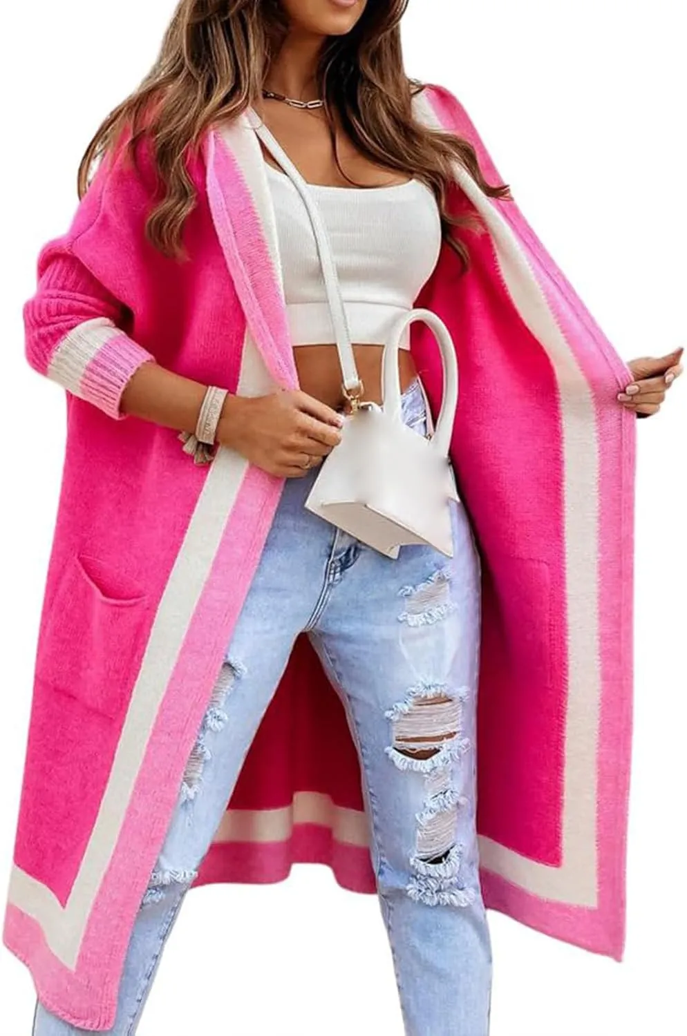 Womens Color Block Hooded Cardigans Oversized Open Front Long Cardigan Sweaters Winter Coat with Pockets 2024