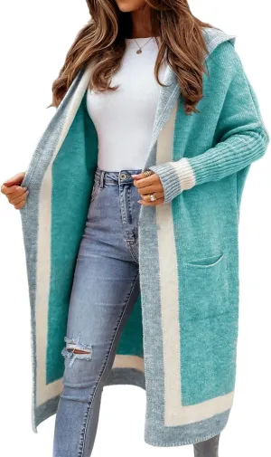 Womens Color Block Hooded Cardigans Oversized Open Front Long Cardigan Sweaters Winter Coat with Pockets 2024