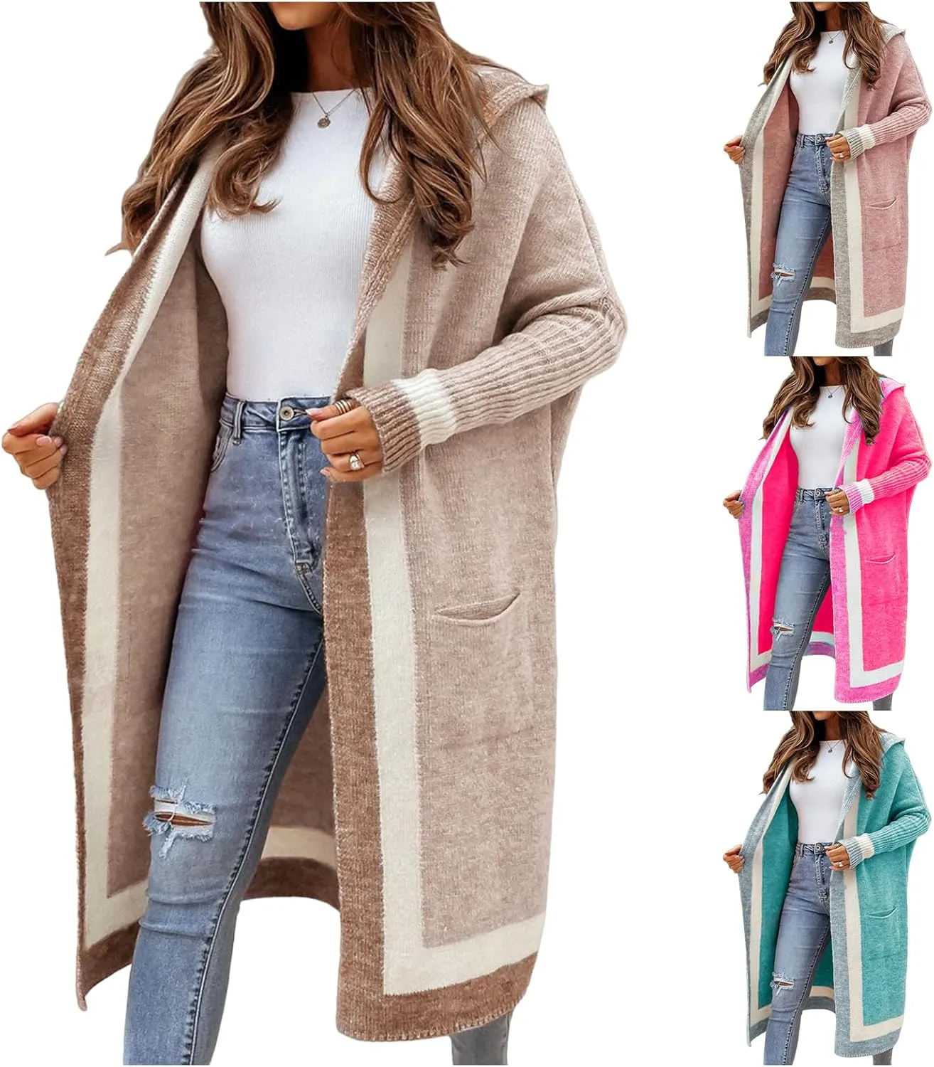 Womens Color Block Hooded Cardigans Oversized Open Front Long Cardigan Sweaters Winter Coat with Pockets 2024