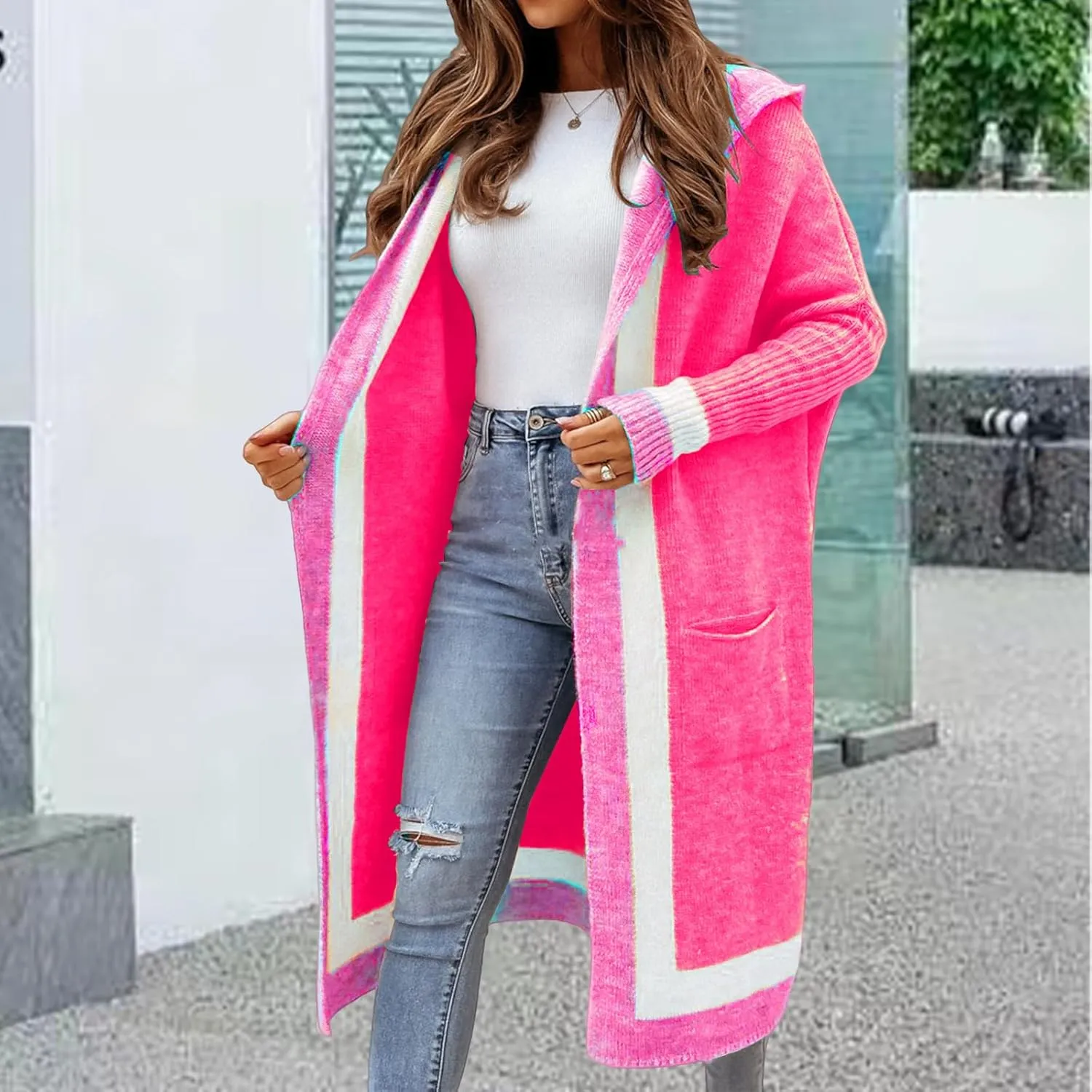Womens Color Block Hooded Cardigans Oversized Open Front Long Cardigan Sweaters Winter Coat with Pockets 2024