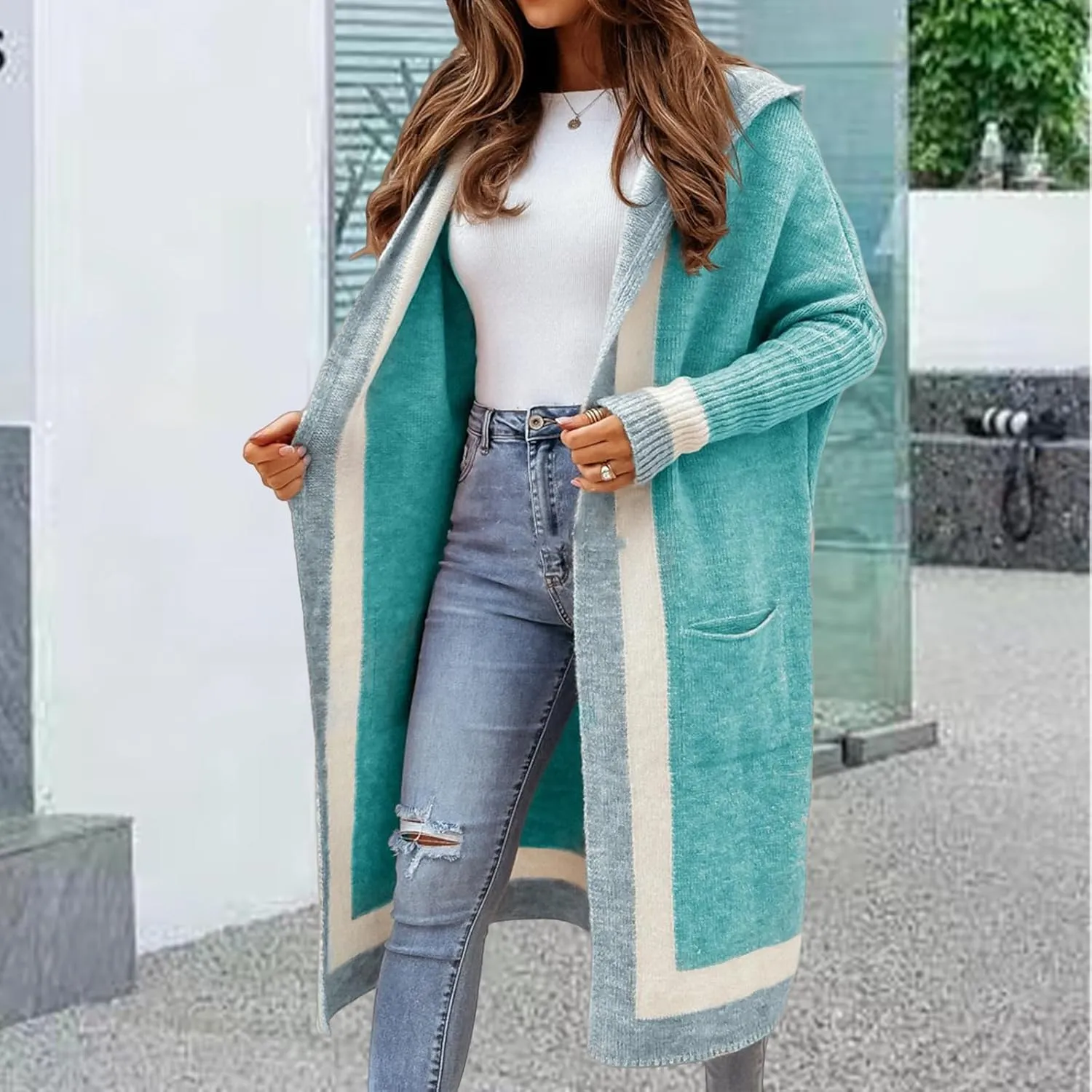 Womens Color Block Hooded Cardigans Oversized Open Front Long Cardigan Sweaters Winter Coat with Pockets 2024