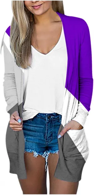 Womens Color Block Lightweight Cardigans Casual Long Sleeve Shrugs Open Front Cardigan Sweaters Trendy Clothing