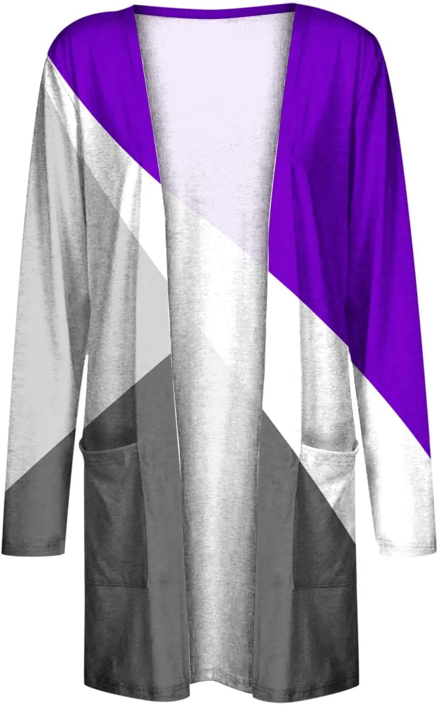 Womens Color Block Lightweight Cardigans Casual Long Sleeve Shrugs Open Front Cardigan Sweaters Trendy Clothing