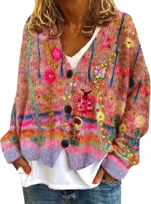 Women's Colorful Rainbow Striped Button Down Cardigan Sweater Oversized Christmas Vintage Knit Jackets