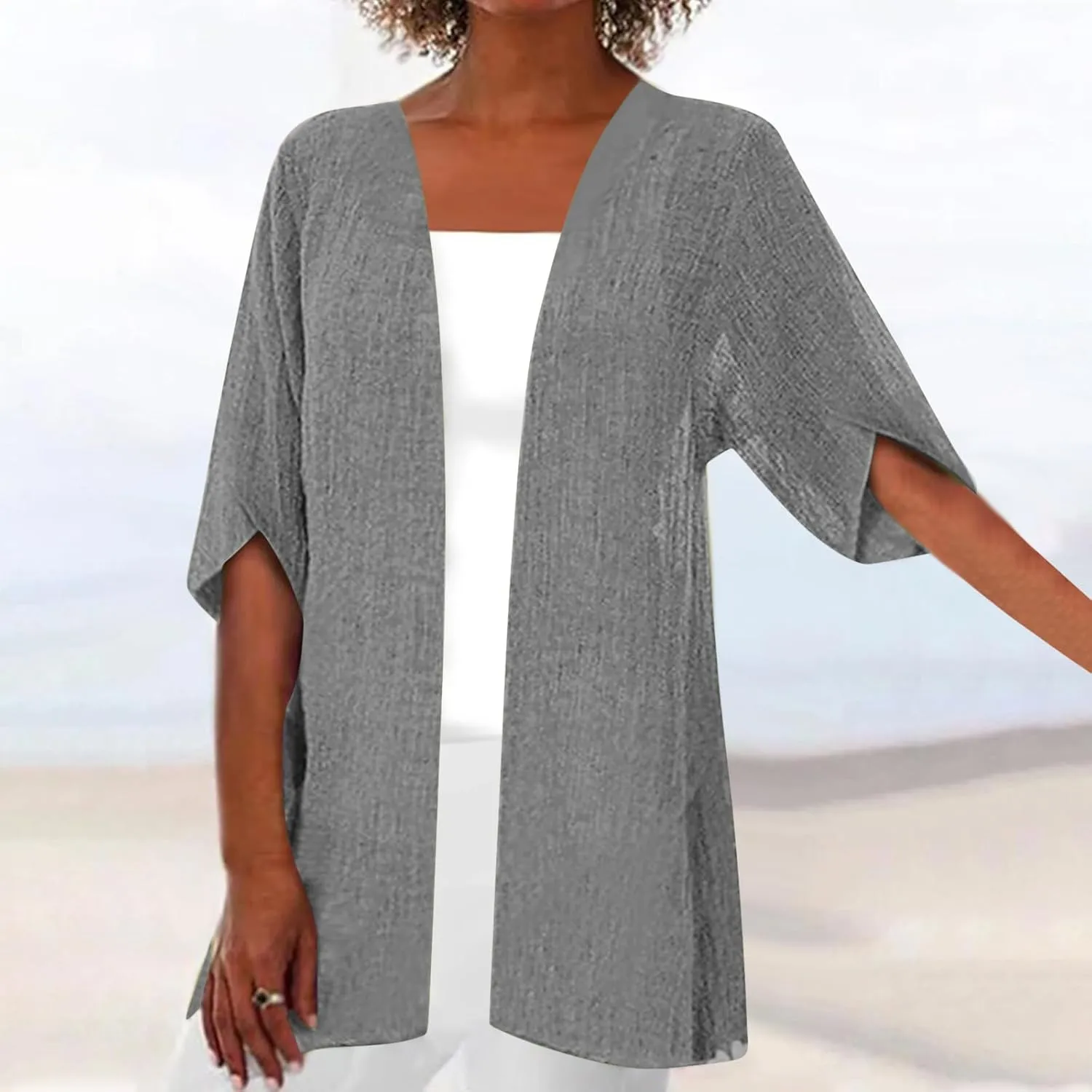 Women's Cotton Linen Middle Sleeve Cardigans Plus Size Lightweight Open Front Cover Up Summer Fall Solid Tops S-5XL