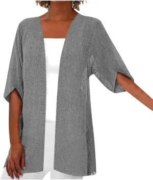 Women's Cotton Linen Middle Sleeve Cardigans Plus Size Lightweight Open Front Cover Up Summer Fall Solid Tops S-5XL