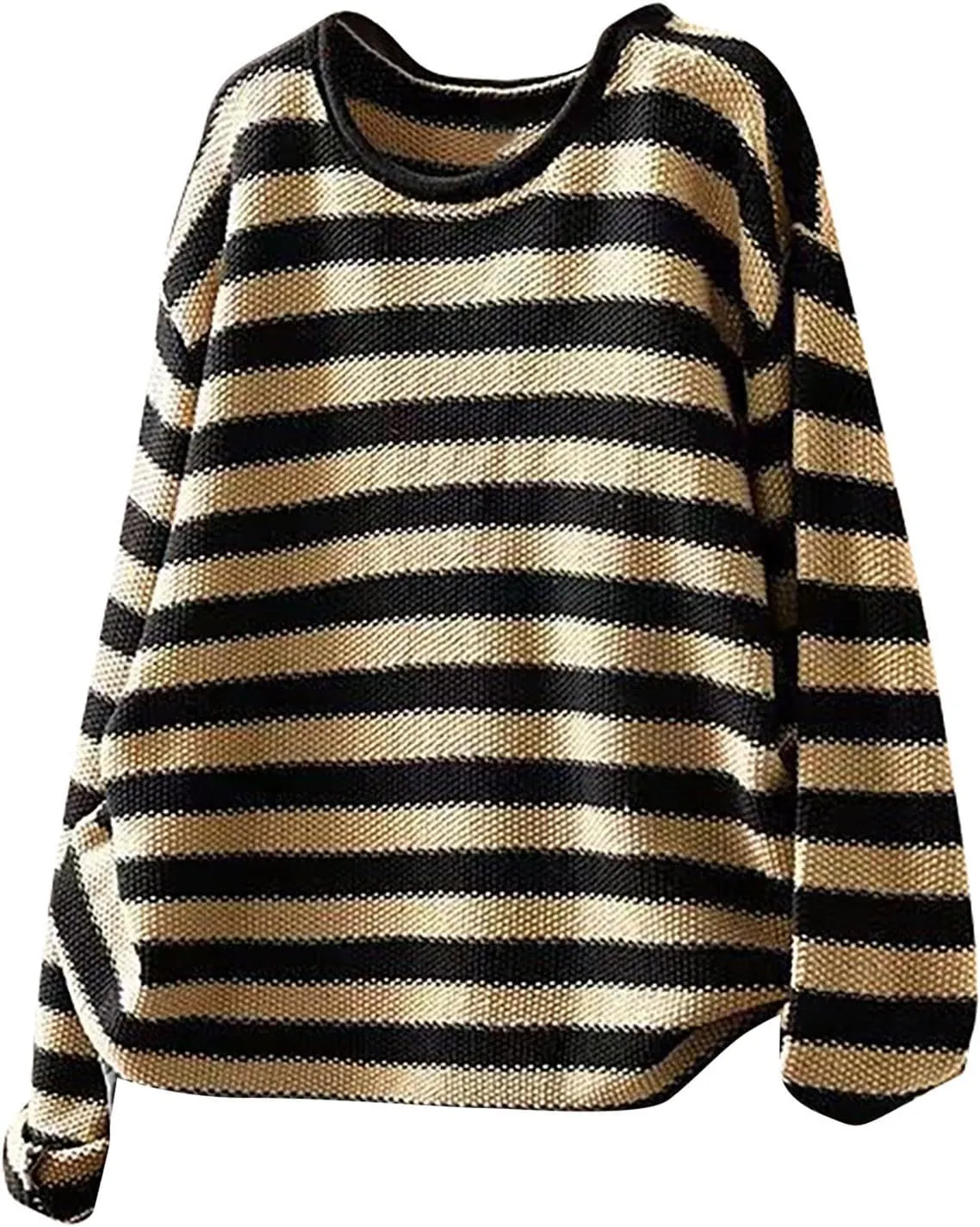 Womens Cotton Striped Sweaters Loose Long Sleeve Round Neck Fit Knit Cozy Pullover Color Block Oversized Fall Tops