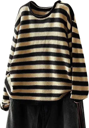 Womens Cotton Striped Sweaters Loose Long Sleeve Round Neck Fit Knit Cozy Pullover Color Block Oversized Fall Tops
