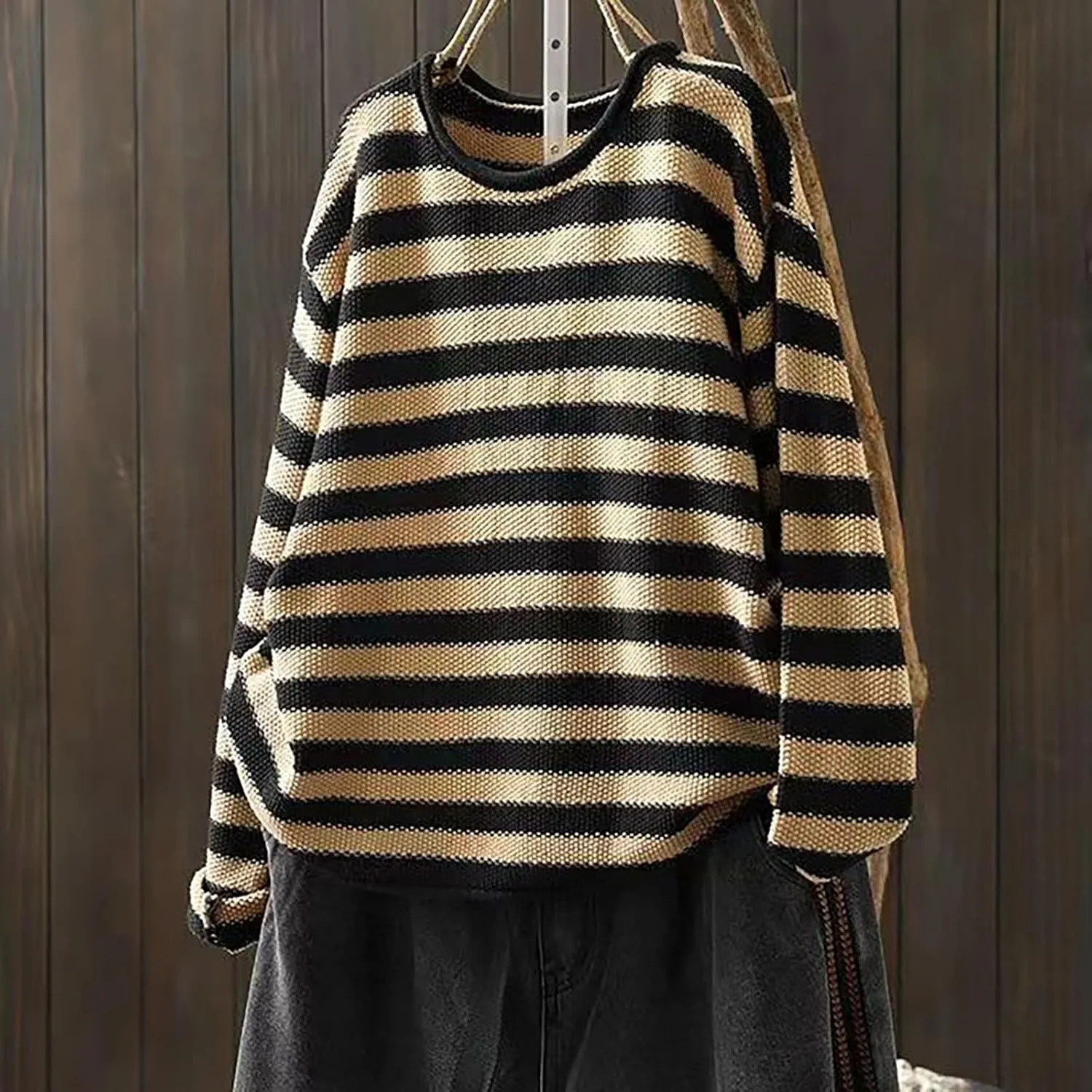 Womens Cotton Striped Sweaters Loose Long Sleeve Round Neck Fit Knit Cozy Pullover Color Block Oversized Fall Tops