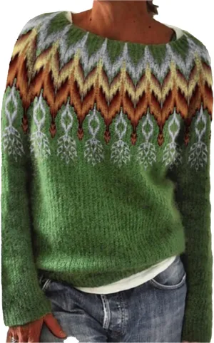 Women's Crewneck Fair Isle Knit Sweater Vintage Boho Aztec Print Oversized Pullover Top Knitwear