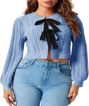 Womens Cropped Cardigan Tie Front Cable Knit Crop Sweater Long Puff Sleeve Bow Tie Chunky Knitwear Tops