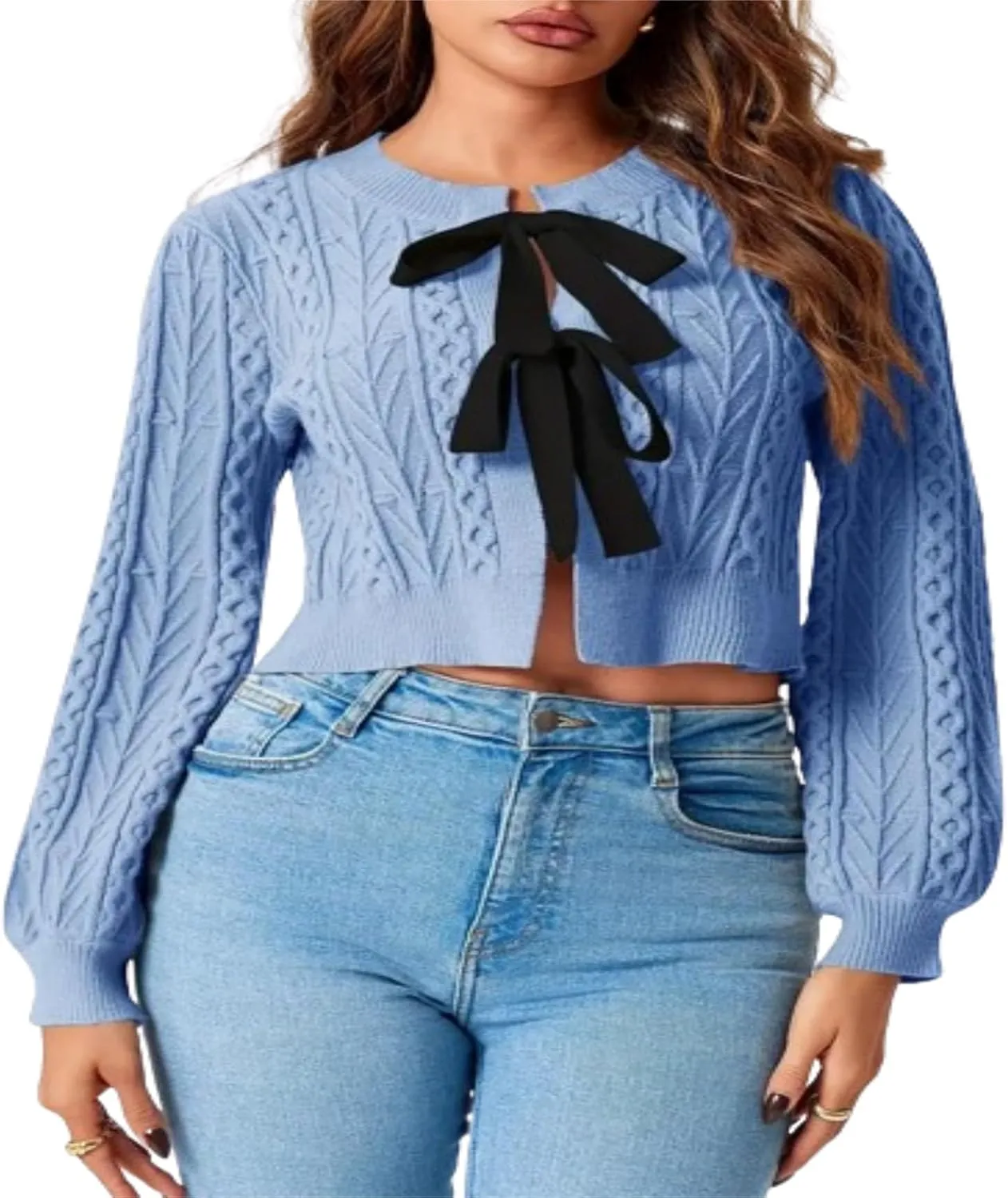 Womens Cropped Cardigan Tie Front Cable Knit Crop Sweater Long Puff Sleeve Bow Tie Chunky Knitwear Tops