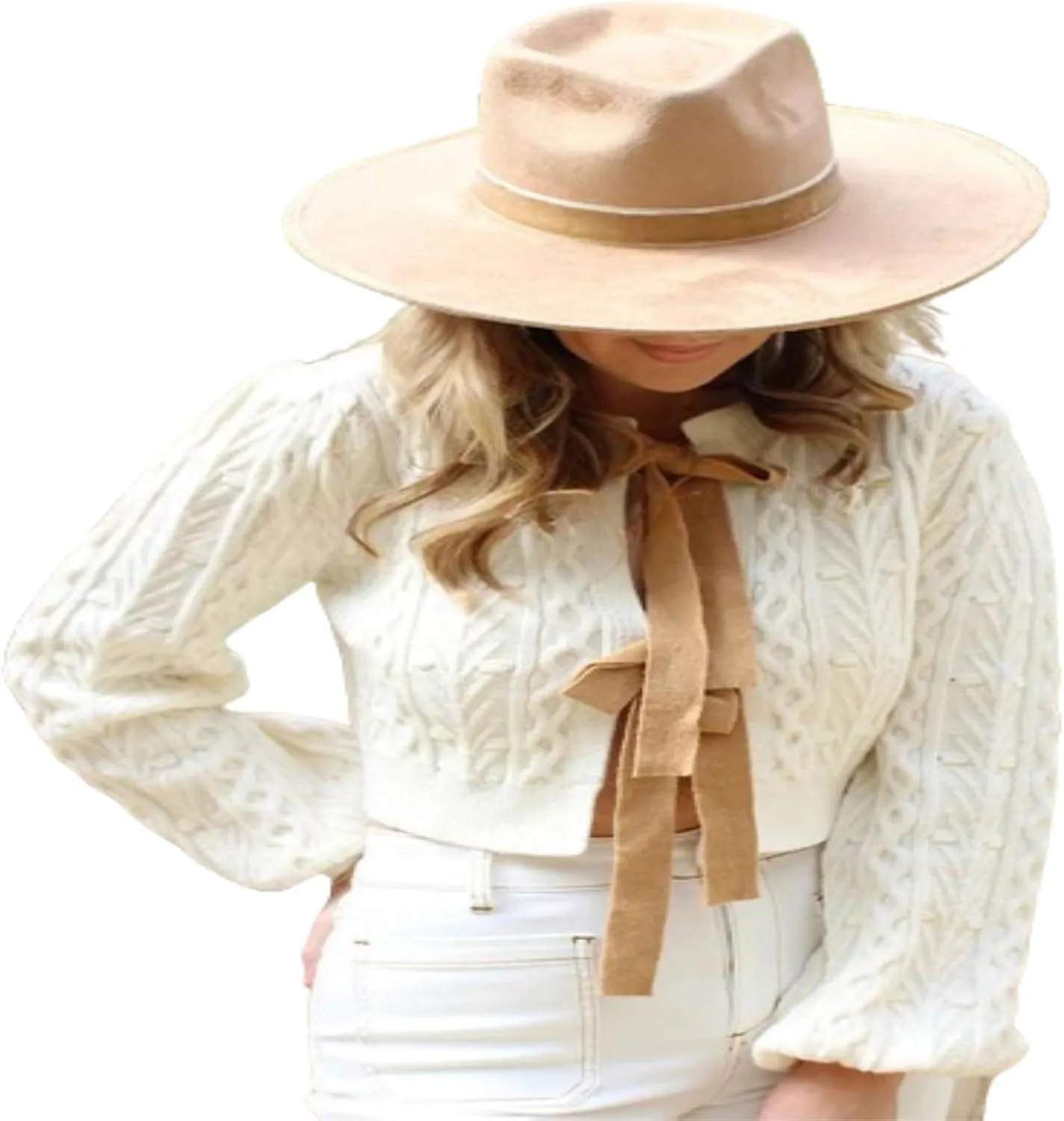 Womens Cropped Cardigan Tie Front Cable Knit Crop Sweater Long Puff Sleeve Bow Tie Chunky Knitwear Tops