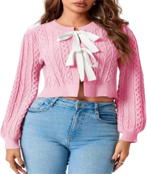 Womens Cropped Cardigan Tie Front Cable Knit Crop Sweater Long Puff Sleeve Bow Tie Chunky Knitwear Tops