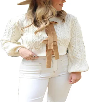 Womens Cropped Cardigan Tie Front Cable Knit Crop Sweater Long Puff Sleeve Bow Tie Chunky Knitwear Tops