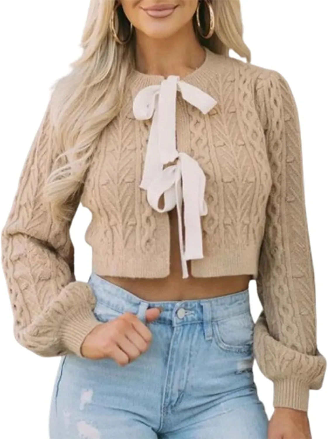 Womens Cropped Cardigan Tie Front Cable Knit Crop Sweater Long Puff Sleeve Bow Tie Chunky Knitwear Tops