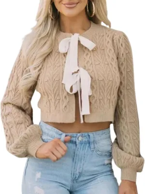 Womens Cropped Cardigan Tie Front Cable Knit Crop Sweater Long Puff Sleeve Bow Tie Chunky Knitwear Tops