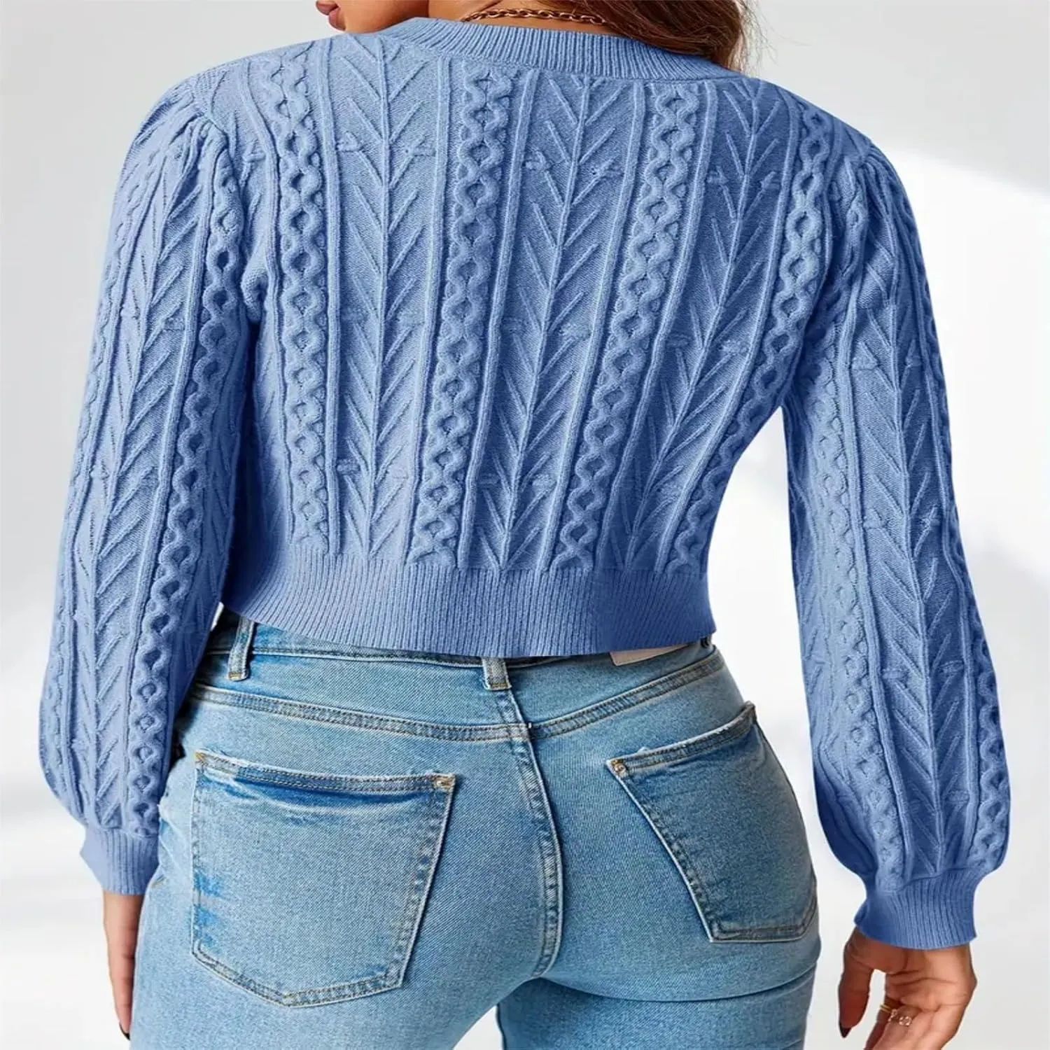Womens Cropped Cardigan Tie Front Cable Knit Crop Sweater Long Puff Sleeve Bow Tie Chunky Knitwear Tops