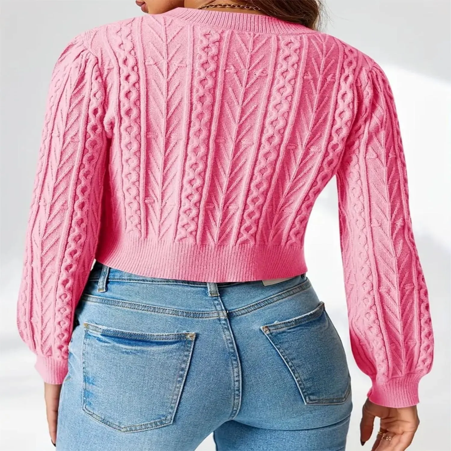 Womens Cropped Cardigan Tie Front Cable Knit Crop Sweater Long Puff Sleeve Bow Tie Chunky Knitwear Tops
