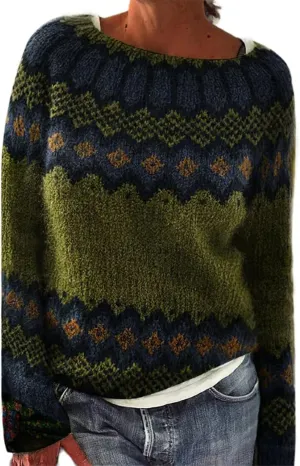 Womens Fair Isle Sweaters Trendy Fall Winter Casual Vintage Striped Crewneck Long Sleeve Oversized Pullover Knitted Top