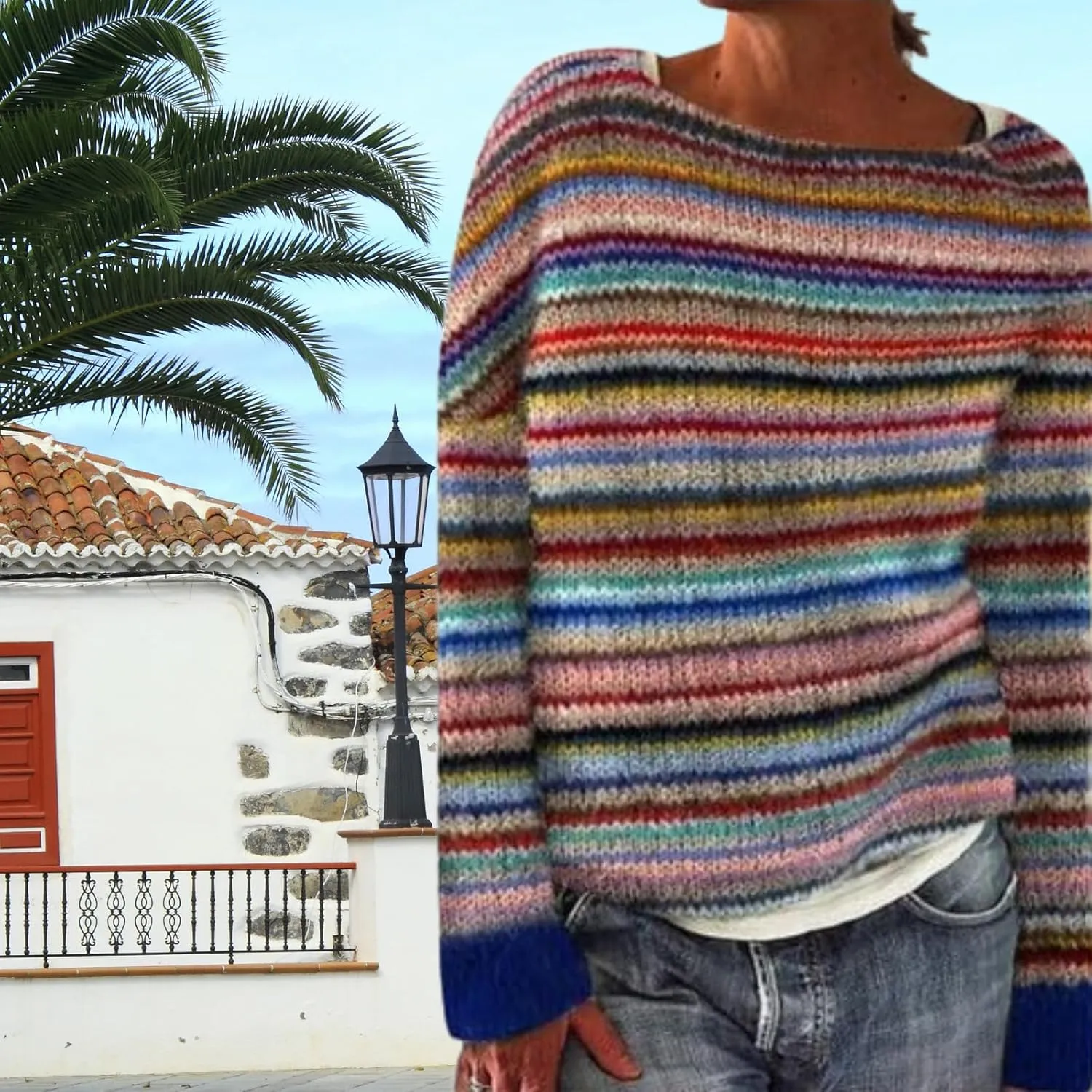 Womens Fair Isle Sweaters Trendy Fall Winter Casual Vintage Striped Crewneck Long Sleeve Oversized Pullover Knitted Top
