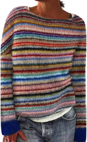 Womens Fair Isle Sweaters Trendy Fall Winter Casual Vintage Striped Crewneck Long Sleeve Oversized Pullover Knitted Top