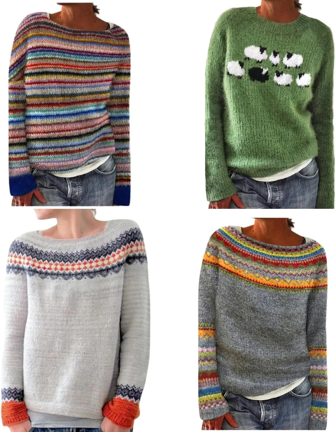 Womens Fair Isle Sweaters Trendy Fall Winter Casual Vintage Striped Crewneck Long Sleeve Oversized Pullover Knitted Top