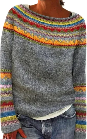 Womens Fair Isle Sweaters Trendy Fall Winter Casual Vintage Striped Crewneck Long Sleeve Oversized Pullover Knitted Top