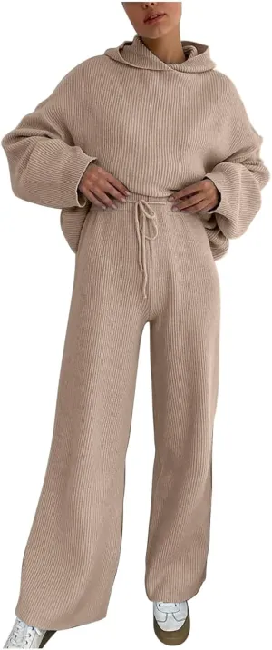 Women's Fall 2 Piece Outfits Knit Hoodies Sweaters Sets Pullover Sweater Jumper Tops Hooded Wide Leg Pants Lounge Sets
