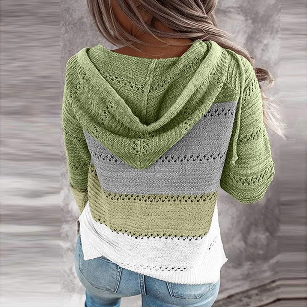 Womens Fall Fashion 2024 Hoodies Striped Color Block Sweaters Casual V Neck Waffle Knit Zipper Tops