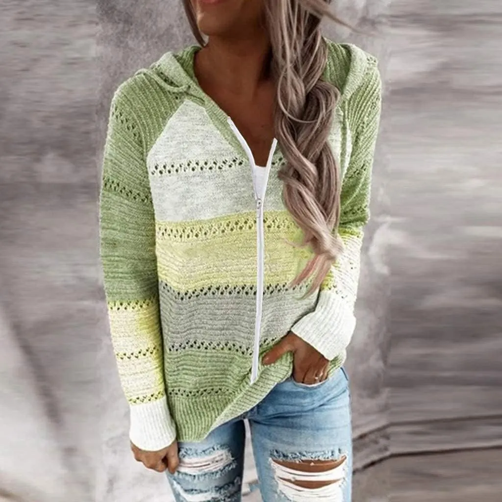 Womens Fall Fashion 2024 Hoodies Striped Color Block Sweaters Casual V Neck Waffle Knit Zipper Tops