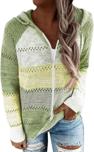 Womens Fall Fashion 2024 Hoodies Striped Color Block Sweaters Casual V Neck Waffle Knit Zipper Tops