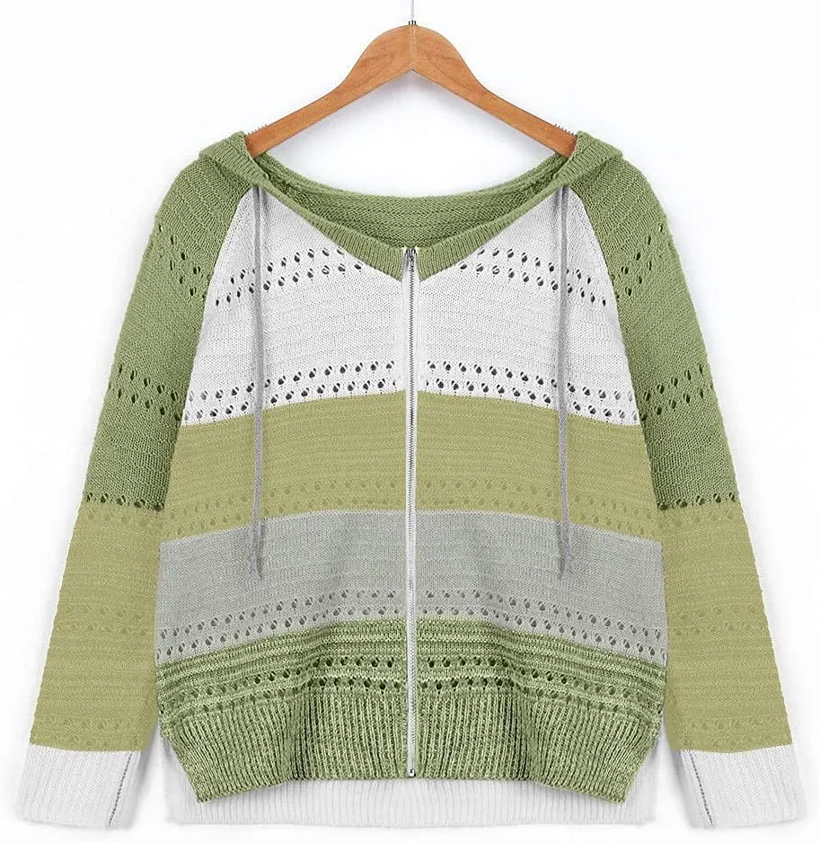 Womens Fall Fashion 2024 Hoodies Striped Color Block Sweaters Casual V Neck Waffle Knit Zipper Tops