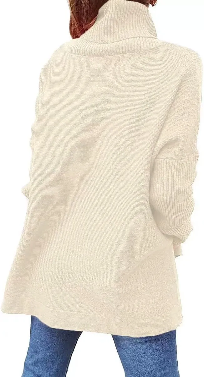 Women's Fall Winter Trendy Loose Turtleneck Long Sleeve Solid Knit Sweater