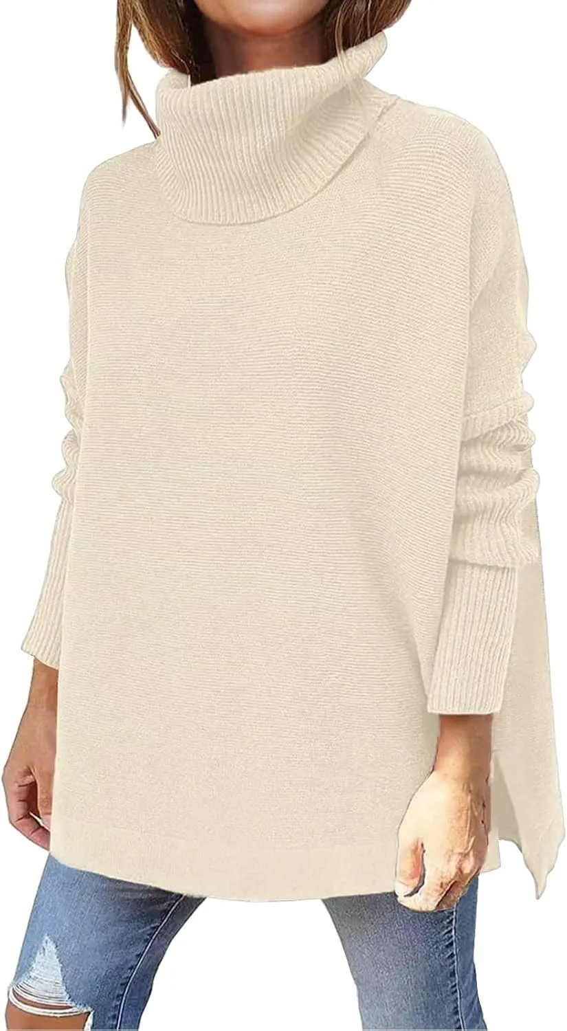 Women's Fall Winter Trendy Loose Turtleneck Long Sleeve Solid Knit Sweater