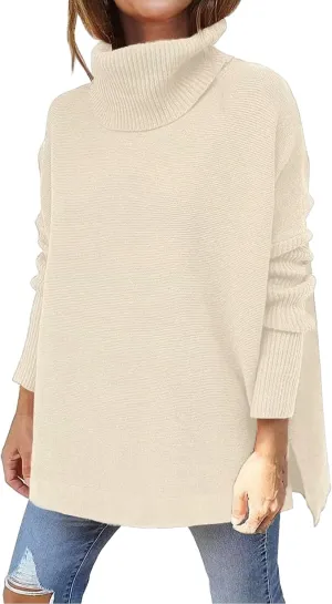 Women's Fall Winter Trendy Loose Turtleneck Long Sleeve Solid Knit Sweater