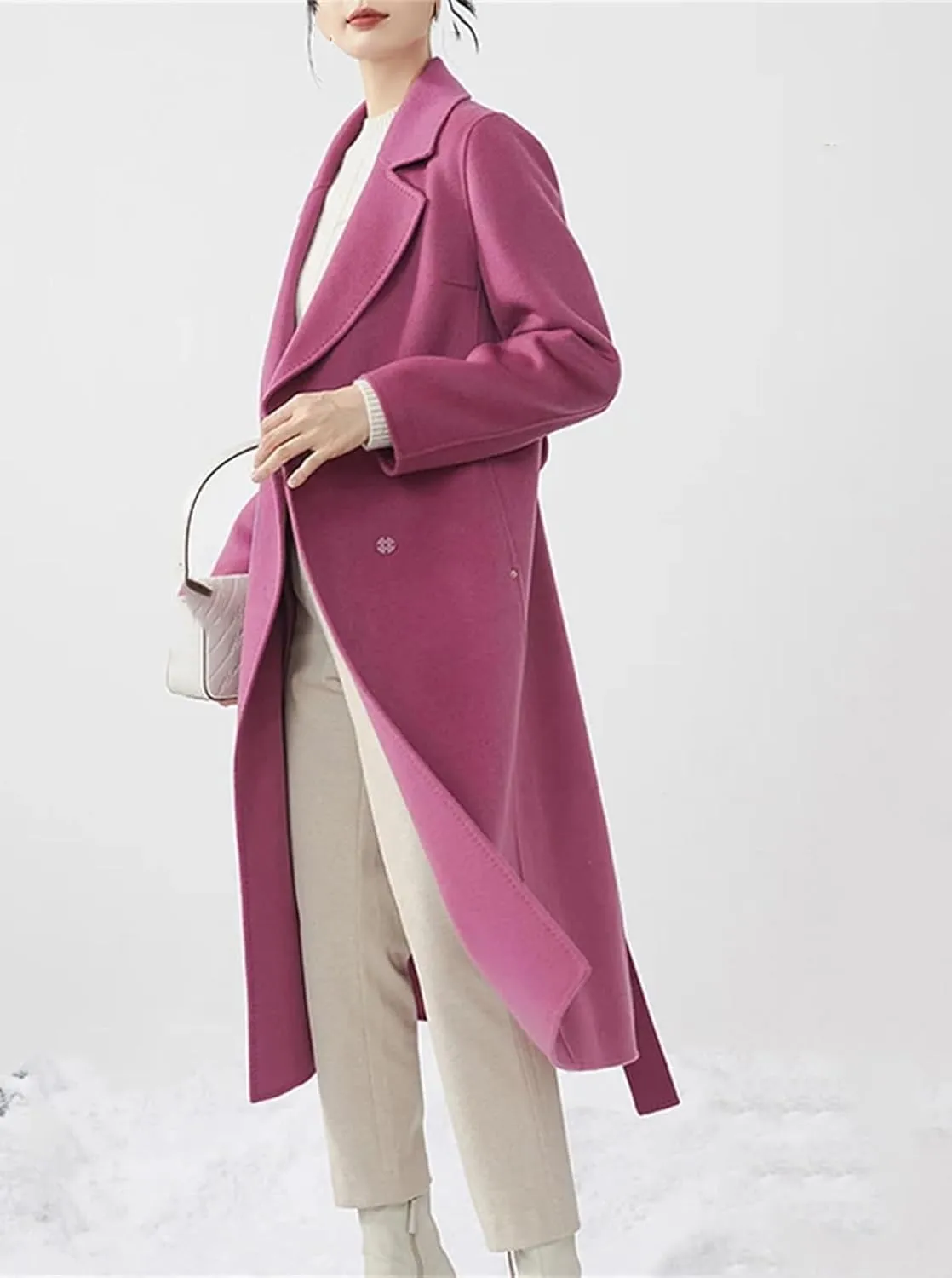 Women's Fashion Knee-Length Wool Blend Mid-Length Wrap Coat