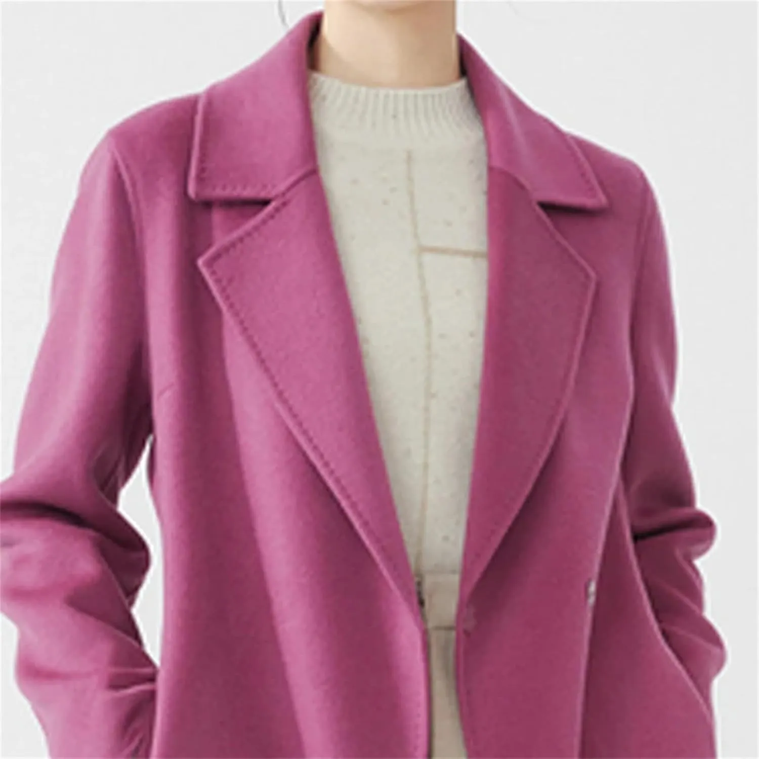 Women's Fashion Knee-Length Wool Blend Mid-Length Wrap Coat