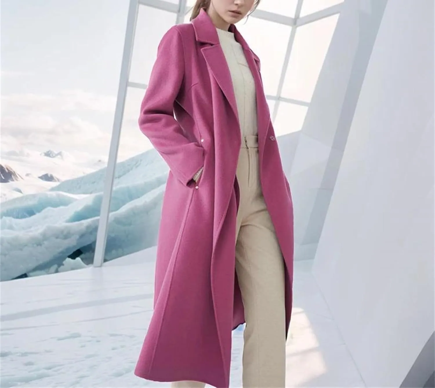 Women's Fashion Knee-Length Wool Blend Mid-Length Wrap Coat