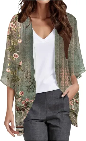 Womens Floral Chiffon Kimono Cardigans Casual Summer Lightweight Beach Cover Up 3/4 Sleeve Oversized Beach Vacation Tops