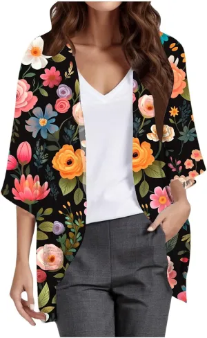 Womens Floral Chiffon Kimono Cardigans Casual Summer Lightweight Beach Cover Up 3/4 Sleeve Oversized Beach Vacation Tops