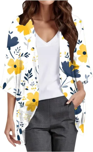 Womens Floral Chiffon Kimono Cardigans Casual Summer Lightweight Beach Cover Up 3/4 Sleeve Oversized Beach Vacation Tops