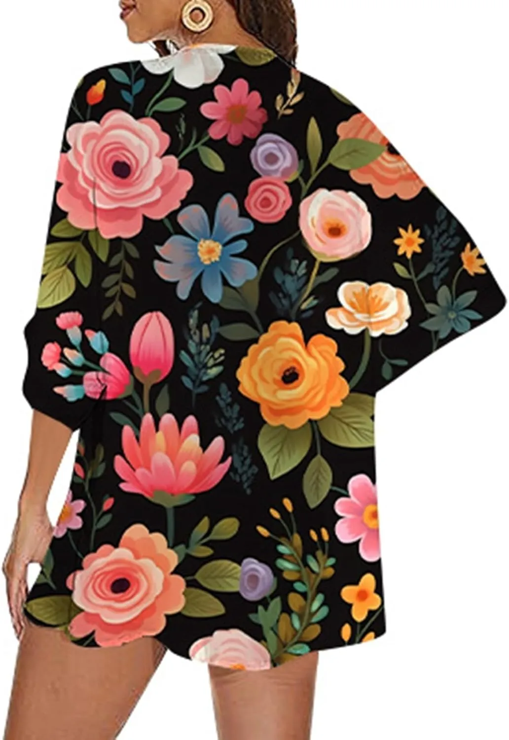 Womens Floral Chiffon Kimono Cardigans Casual Summer Lightweight Beach Cover Up 3/4 Sleeve Oversized Beach Vacation Tops