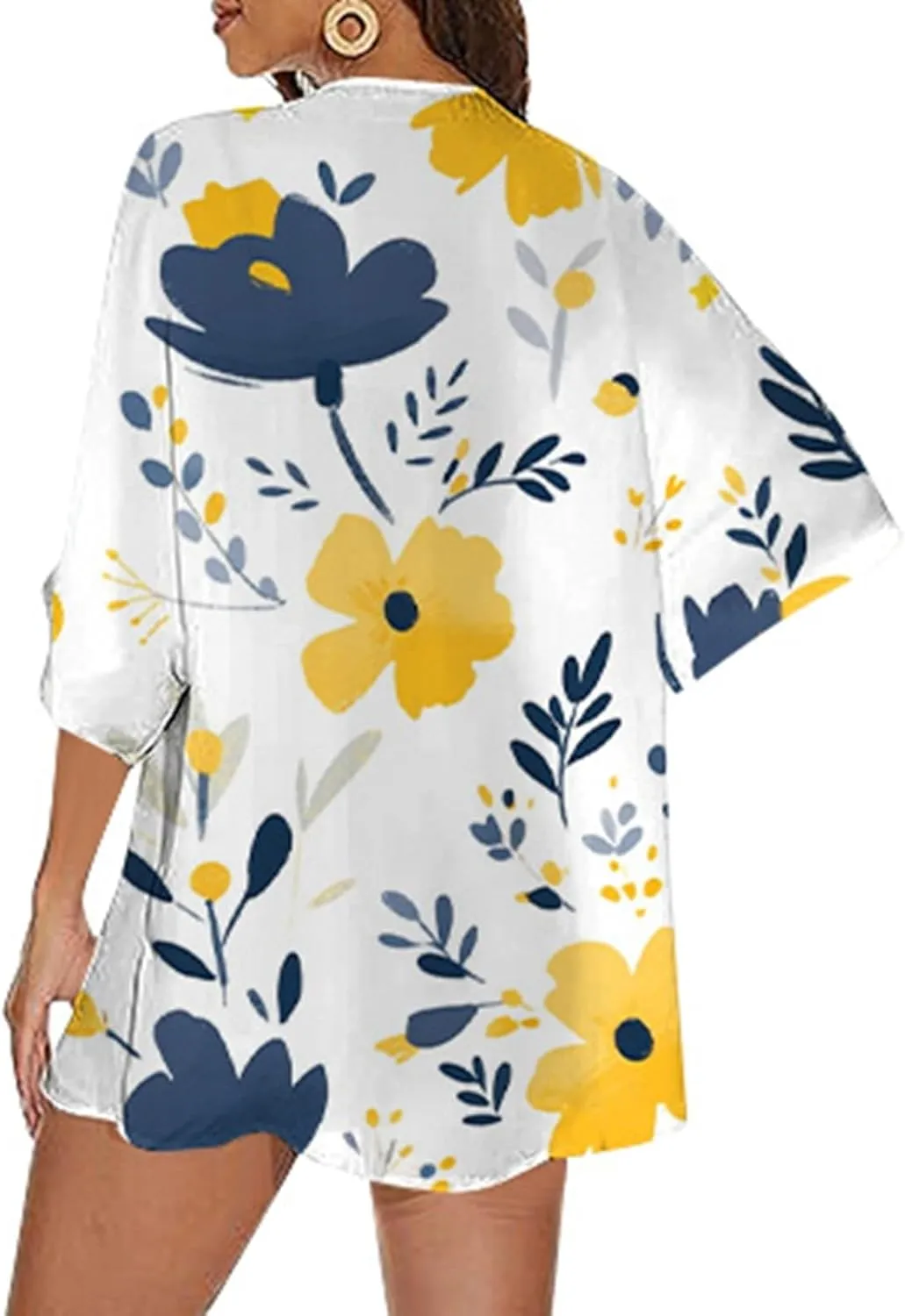Womens Floral Chiffon Kimono Cardigans Casual Summer Lightweight Beach Cover Up 3/4 Sleeve Oversized Beach Vacation Tops