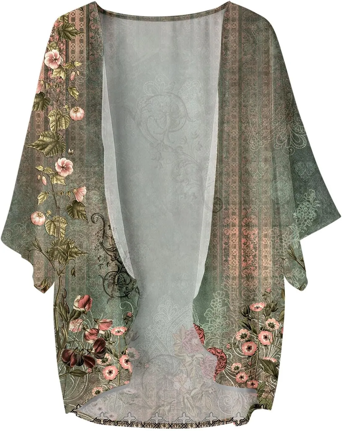 Womens Floral Chiffon Kimono Cardigans Casual Summer Lightweight Beach Cover Up 3/4 Sleeve Oversized Beach Vacation Tops
