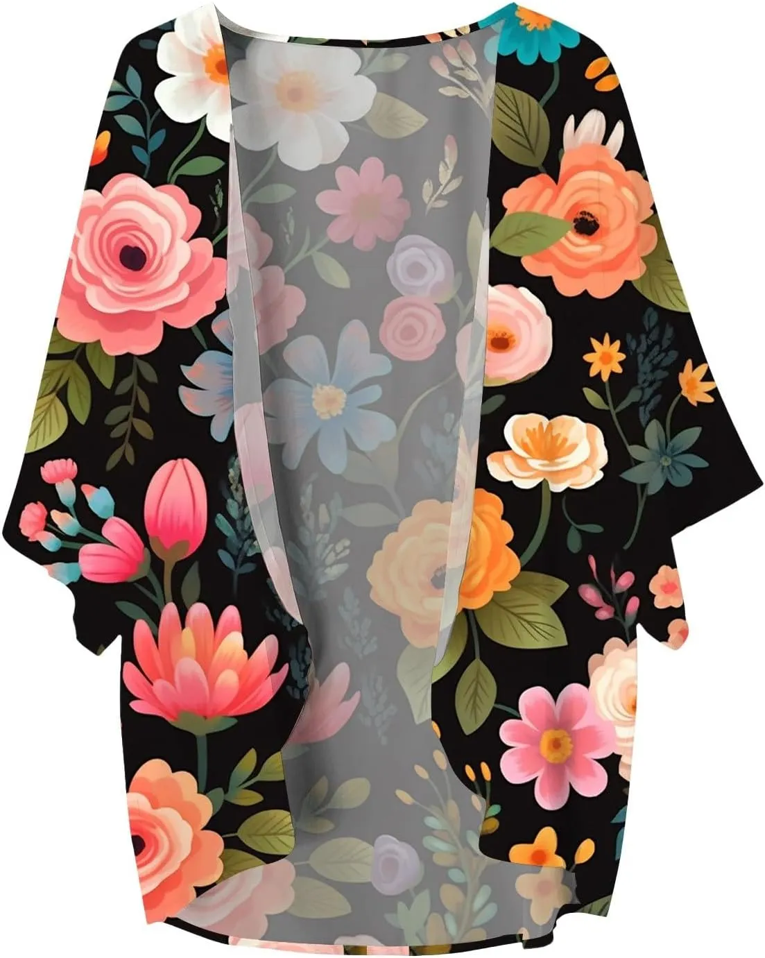 Womens Floral Chiffon Kimono Cardigans Casual Summer Lightweight Beach Cover Up 3/4 Sleeve Oversized Beach Vacation Tops